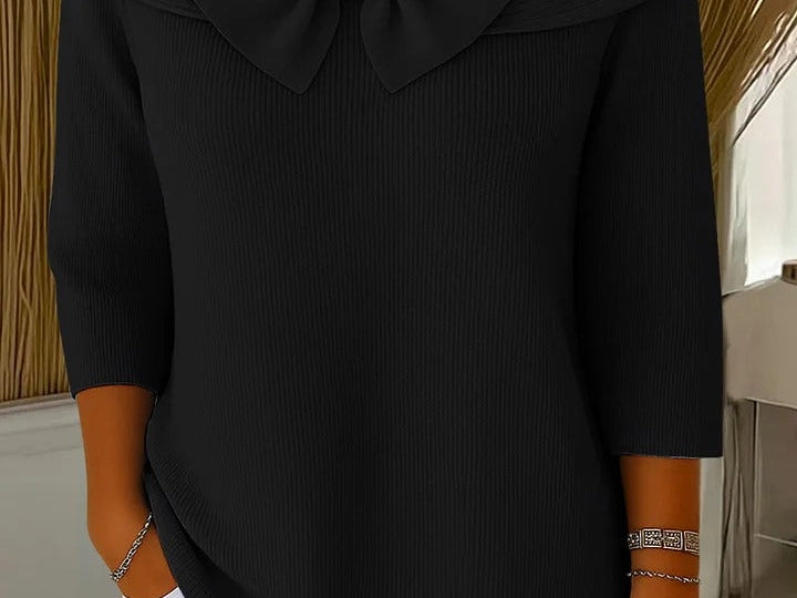 Raine - Women's Fitted Soft Knit Sweater with Bow Detail - Black