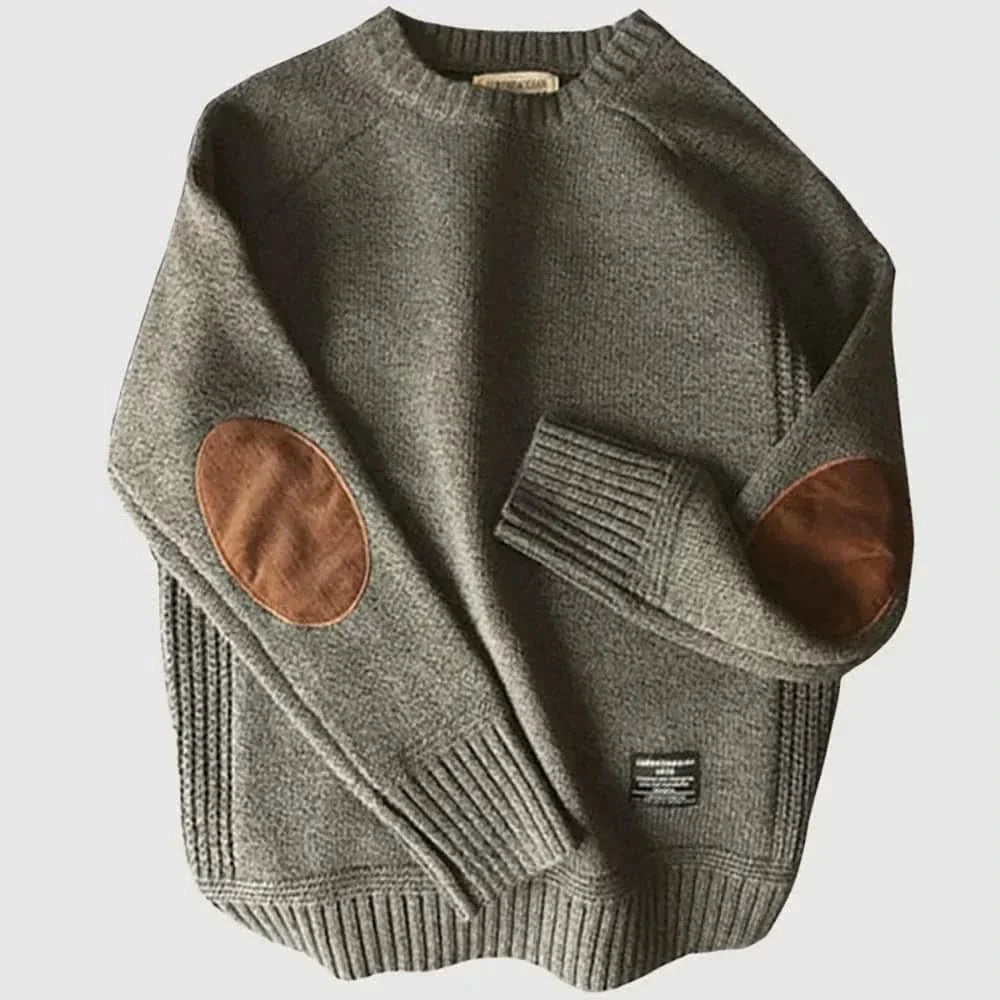 Rhys - Men's Wool-Cotton Crew Neck Sweater with Elbow Patches - Grey