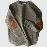 Rhys - Men's Wool-Cotton Crew Neck Sweater with Elbow Patches - Grey