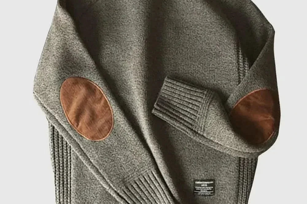 Rhys - Men's Wool-Cotton Crew Neck Sweater with Elbow Patches - Grey