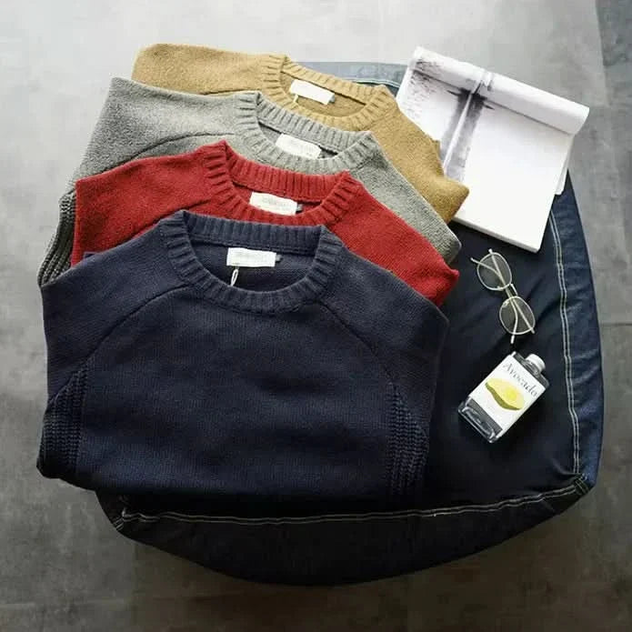 Rhys - Men's Wool-Cotton Crew Neck Sweater with Elbow Patches