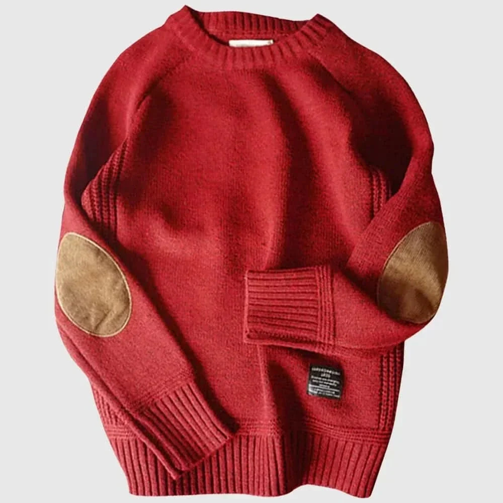 Rhys - Men's Wool-Cotton Crew Neck Sweater with Elbow Patches - Red