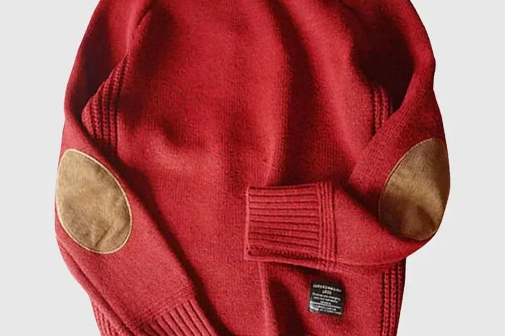 Rhys - Men's Wool-Cotton Crew Neck Sweater with Elbow Patches - Red