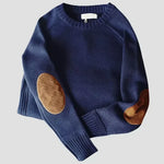Rhys - Men's Wool-Cotton Crew Neck Sweater with Elbow Patches - Blue