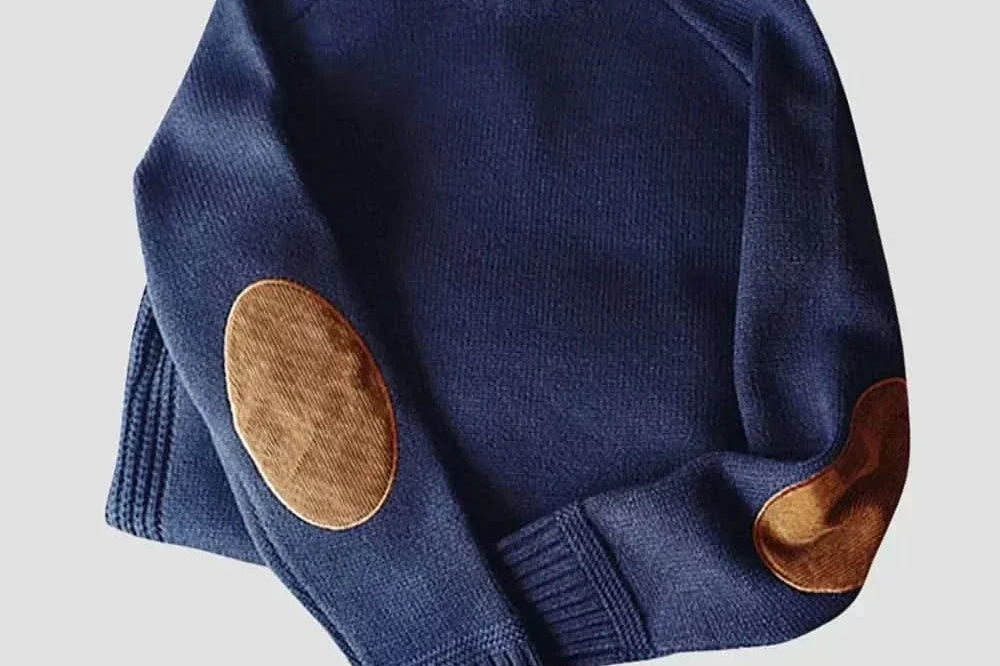 Rhys - Men's Wool-Cotton Crew Neck Sweater with Elbow Patches - Blue