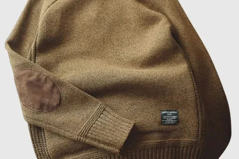 Rhys - Men's Wool-Cotton Crew Neck Sweater with Elbow Patches - Brown