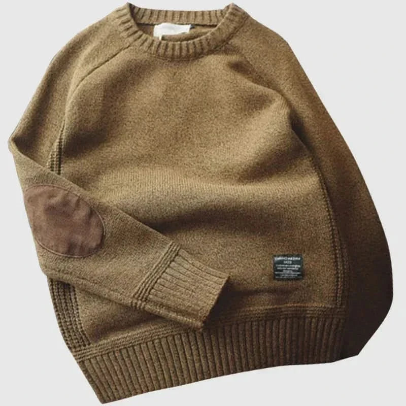 Rhys - Men's Wool-Cotton Crew Neck Sweater with Elbow Patches - Brown