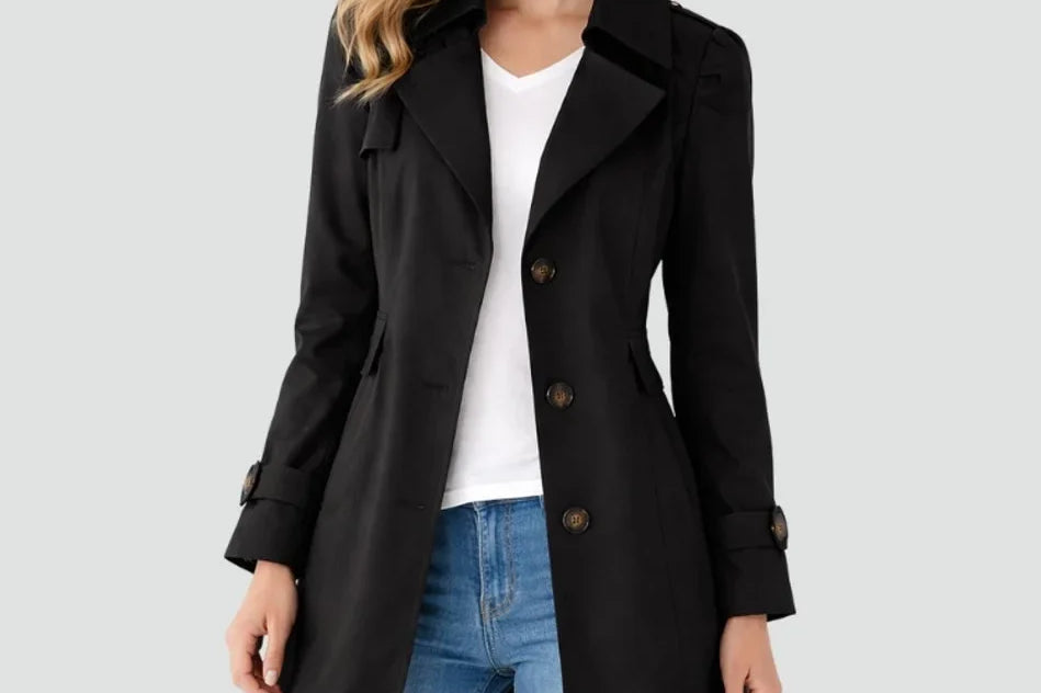 Rikke - Women's Mid-Length Double-Breasted Trench Coat - Black