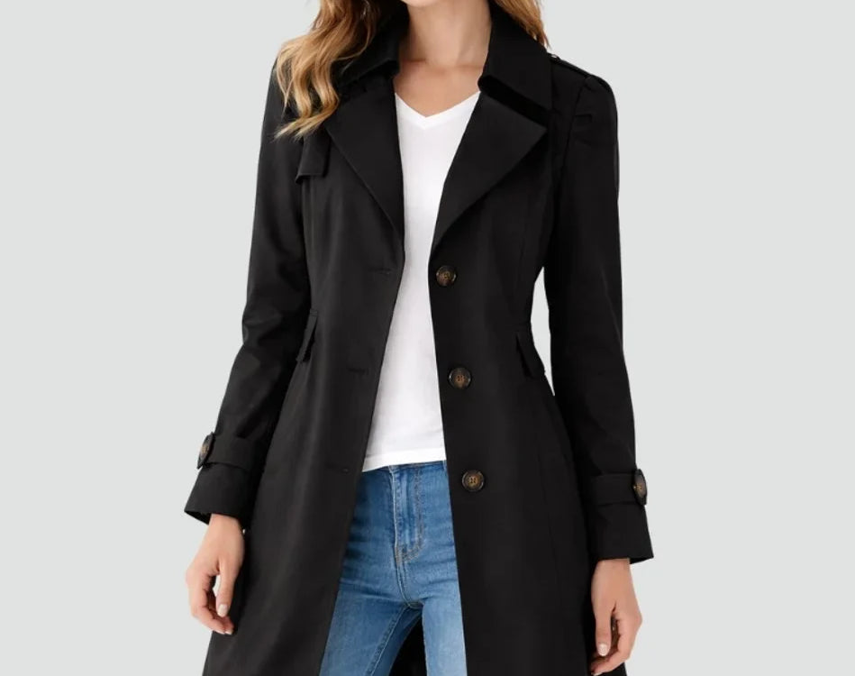 Rikke - Women's Mid-Length Double-Breasted Trench Coat - Black