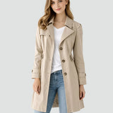 Rikke - Women's Mid-Length Double-Breasted Trench Coat - Khaki
