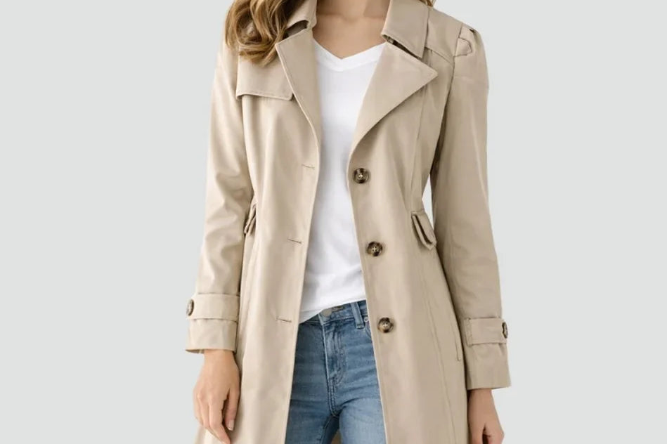 Rikke - Women's Mid-Length Double-Breasted Trench Coat - Khaki