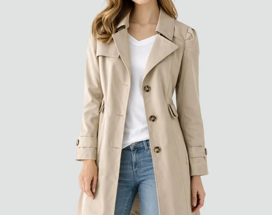 Rikke - Women's Mid-Length Double-Breasted Trench Coat - Khaki