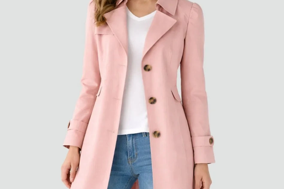 Rikke - Women's Mid-Length Double-Breasted Trench Coat - Pink