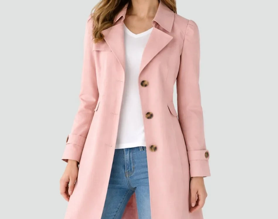Rikke - Women's Mid-Length Double-Breasted Trench Coat - Pink