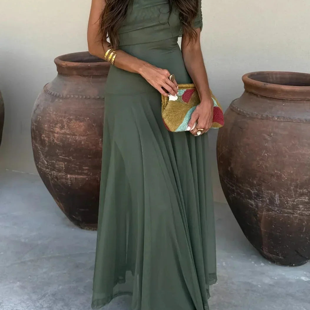 Women's Pleated One-Shoulder Maxi Dress | Graceful Flowing Summer Dress