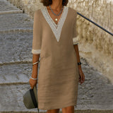 Beige cotton linen midi dress