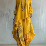 Roisin - Women's Printed Asymmetric Top and Wide-Leg Pants Set - Yellow