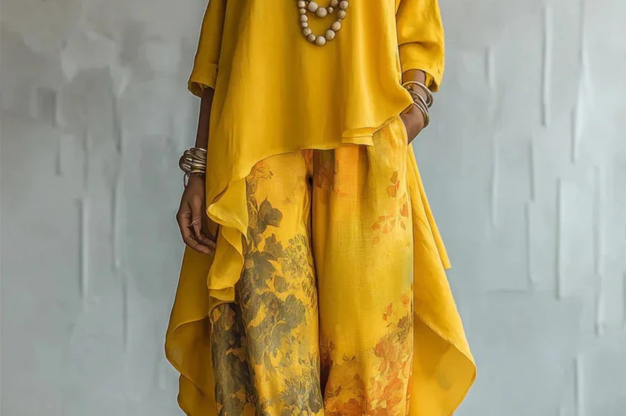 Roisin - Women's Printed Asymmetric Top and Wide-Leg Pants Set - Yellow