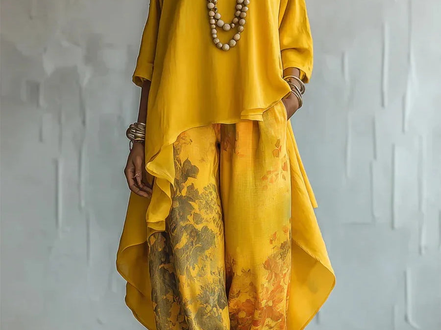 Roisin - Women's Printed Asymmetric Top and Wide-Leg Pants Set - Yellow