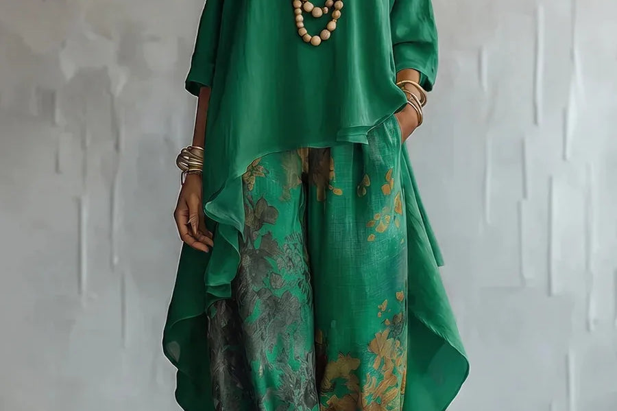 Roisin - Women's Printed Asymmetric Top and Wide-Leg Pants Set - Green