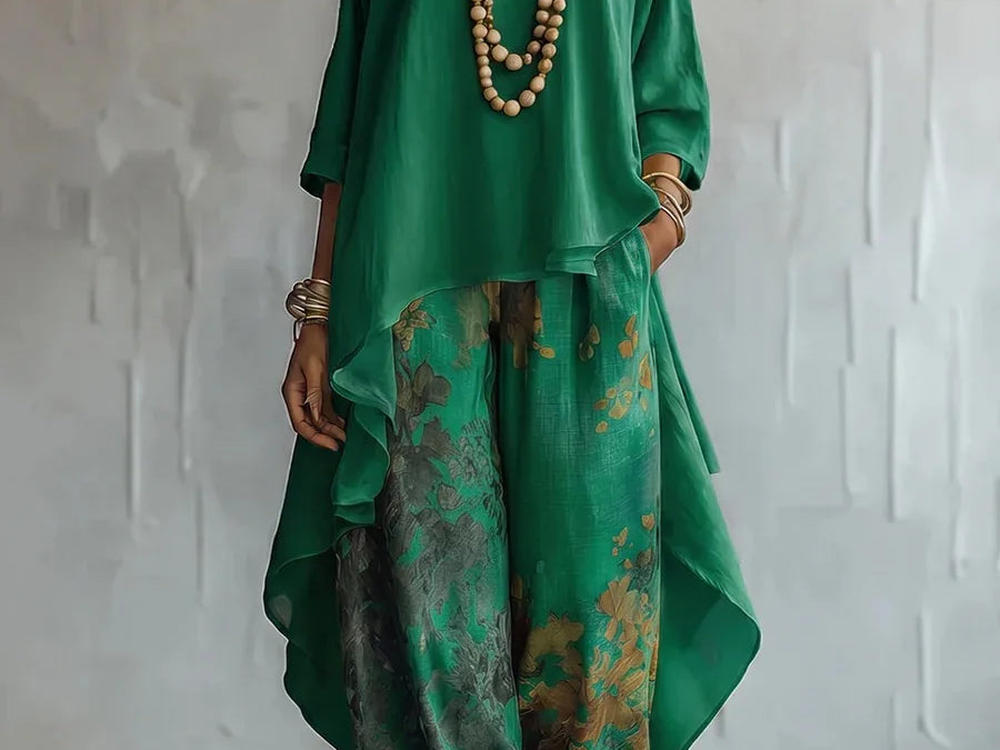 Roisin - Women's Printed Asymmetric Top and Wide-Leg Pants Set - Green