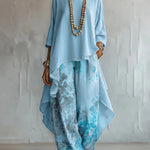 Roisin - Women's Printed Asymmetric Top and Wide-Leg Pants Set - Blue