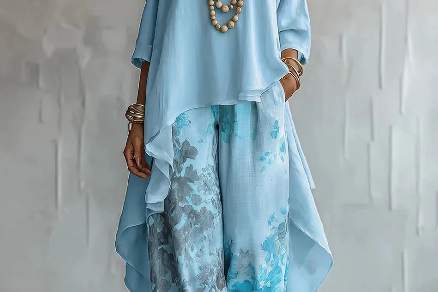 Roisin - Women's Printed Asymmetric Top and Wide-Leg Pants Set - Blue