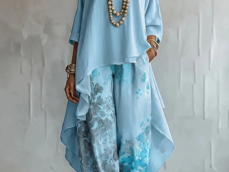 Roisin - Women's Printed Asymmetric Top and Wide-Leg Pants Set - Blue
