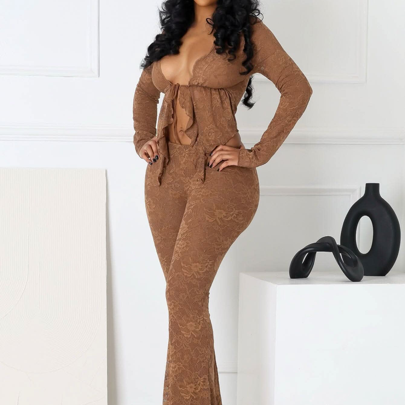 Women's Lace Two-Piece Set | Elegant Sheer Rose Lace Set