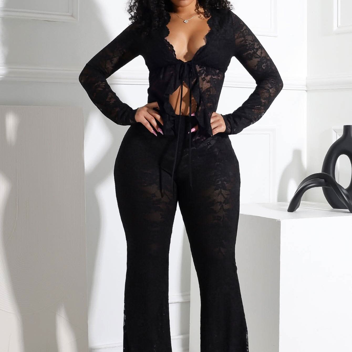 Women's Lace Two-Piece Set | Elegant Sheer Rose Lace Set