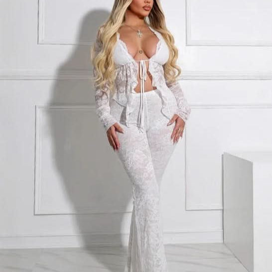 Women's Lace Two-Piece Set | Elegant Sheer Rose Lace Set