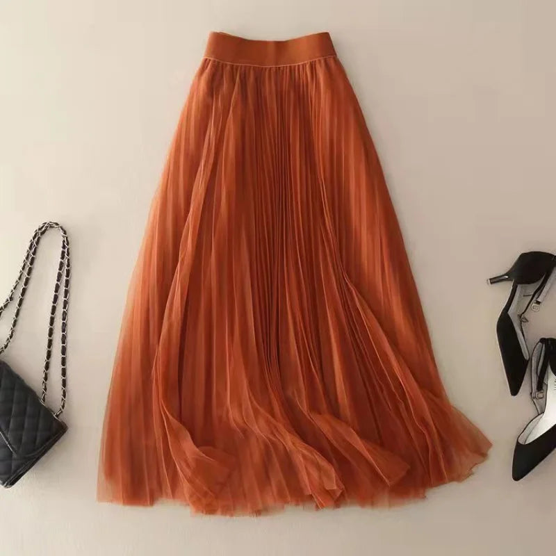 Rozalie - Women's High-Waisted Pleated Midi Skirt - Rusty Brown
