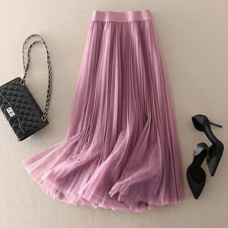 Rozalie - Women's High-Waisted Pleated Midi Skirt - Pink