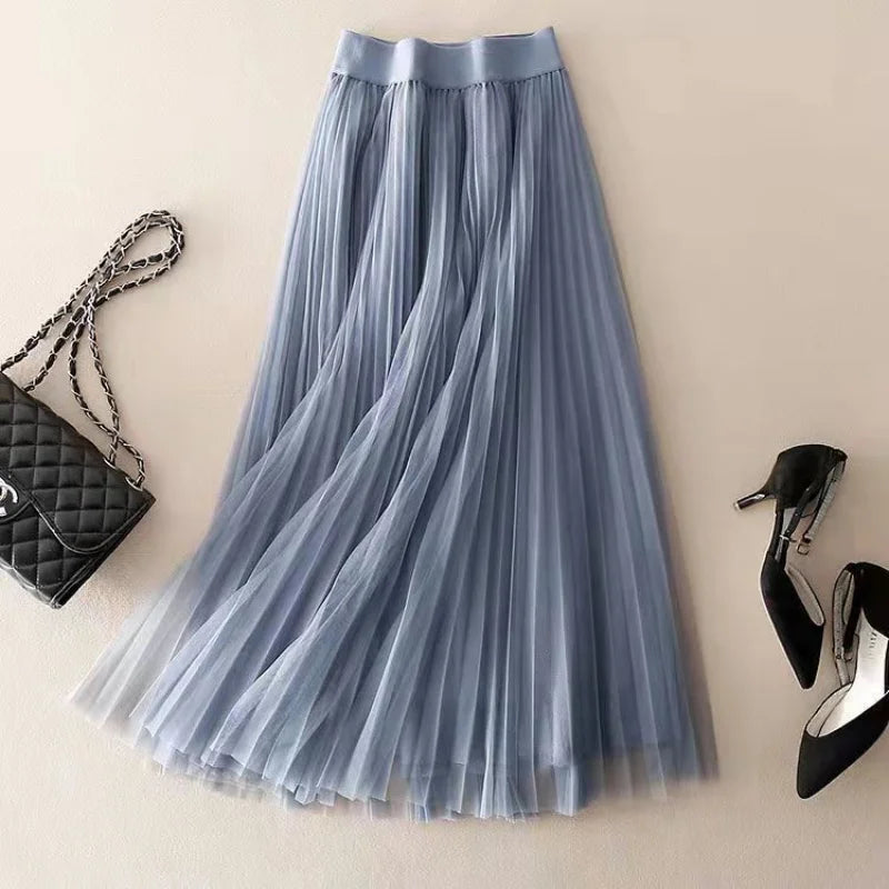Rozalie - Women's High-Waisted Pleated Midi Skirt - Blue