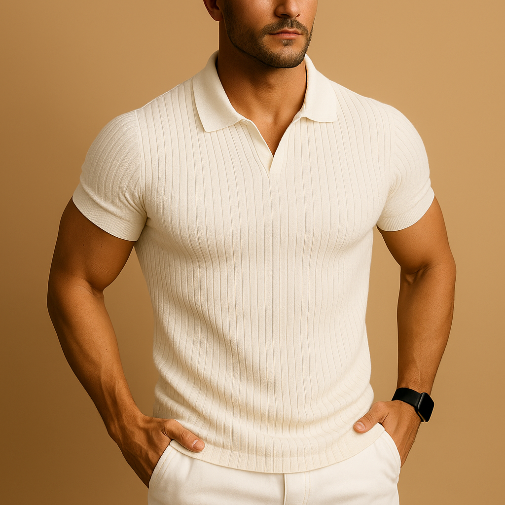 Russell - Men's Ribbed Knit Polo Shirt with Slim Fit - White