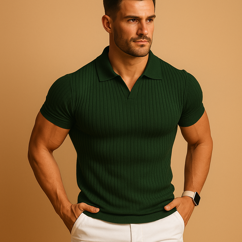 Russell - Men's Ribbed Knit Polo Shirt with Slim Fit - Green