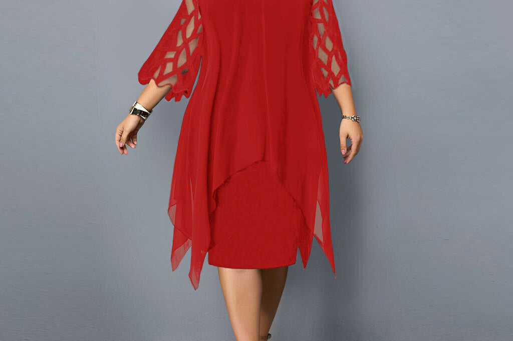 Women's Lace Sleeve Midi Dress | Elegant Crew Neck Occasion Dress