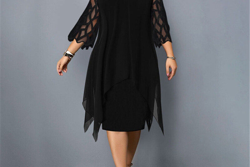 Women's Lace Sleeve Midi Dress | Elegant Crew Neck Occasion Dress