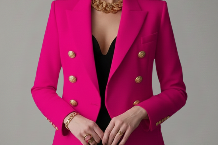 Saffi - Women's Double-Breasted Blazer with Gold-Tone Buttons - Pink