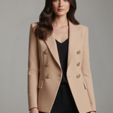 Saffi - Women's Double-Breasted Blazer with Gold-Tone Buttons - Khaki