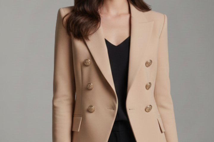 Saffi - Women's Double-Breasted Blazer with Gold-Tone Buttons - Khaki