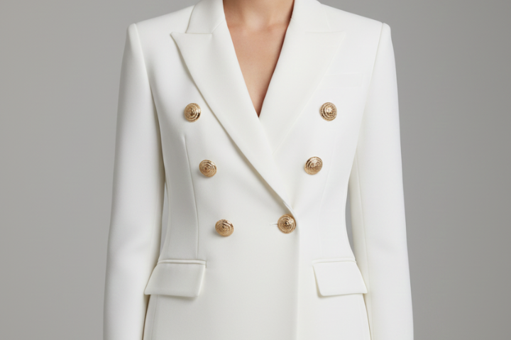 Saffi - Women's Double-Breasted Blazer with Gold-Tone Buttons - White