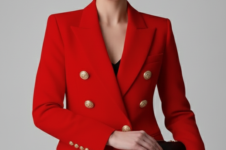 Saffi - Women's Double-Breasted Blazer with Gold-Tone Buttons - Red
