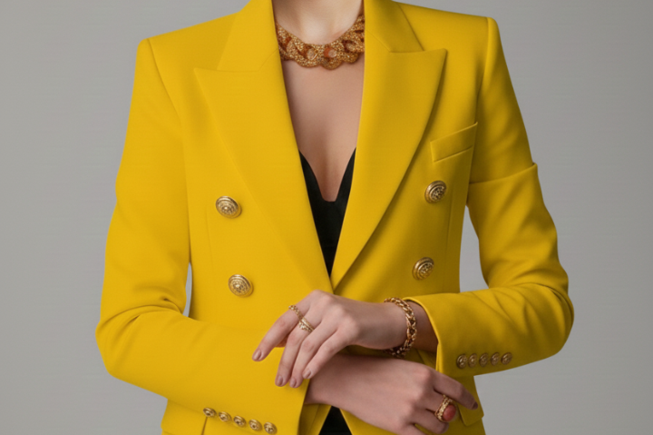 Saffi - Women's Double-Breasted Blazer with Gold-Tone Buttons - Yellow