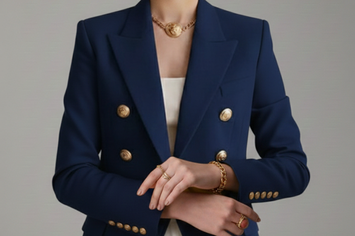 Saffi - Women's Double-Breasted Blazer with Gold-Tone Buttons - Black