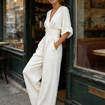 Saffron - Women's Wrap Neckline Wide-Leg Jumpsuit - White