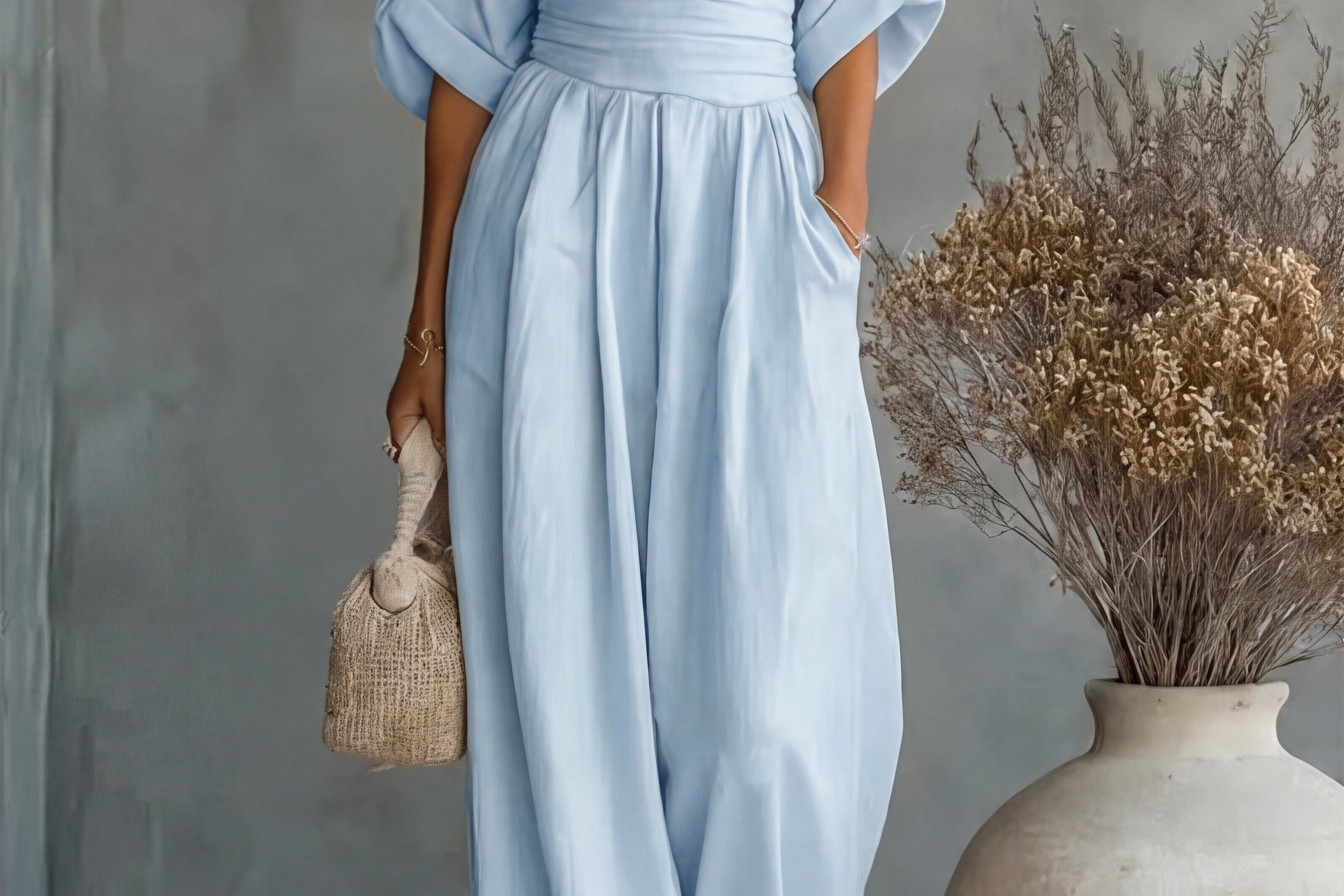Saffron - Women's Wrap Neckline Wide-Leg Jumpsuit - Blue