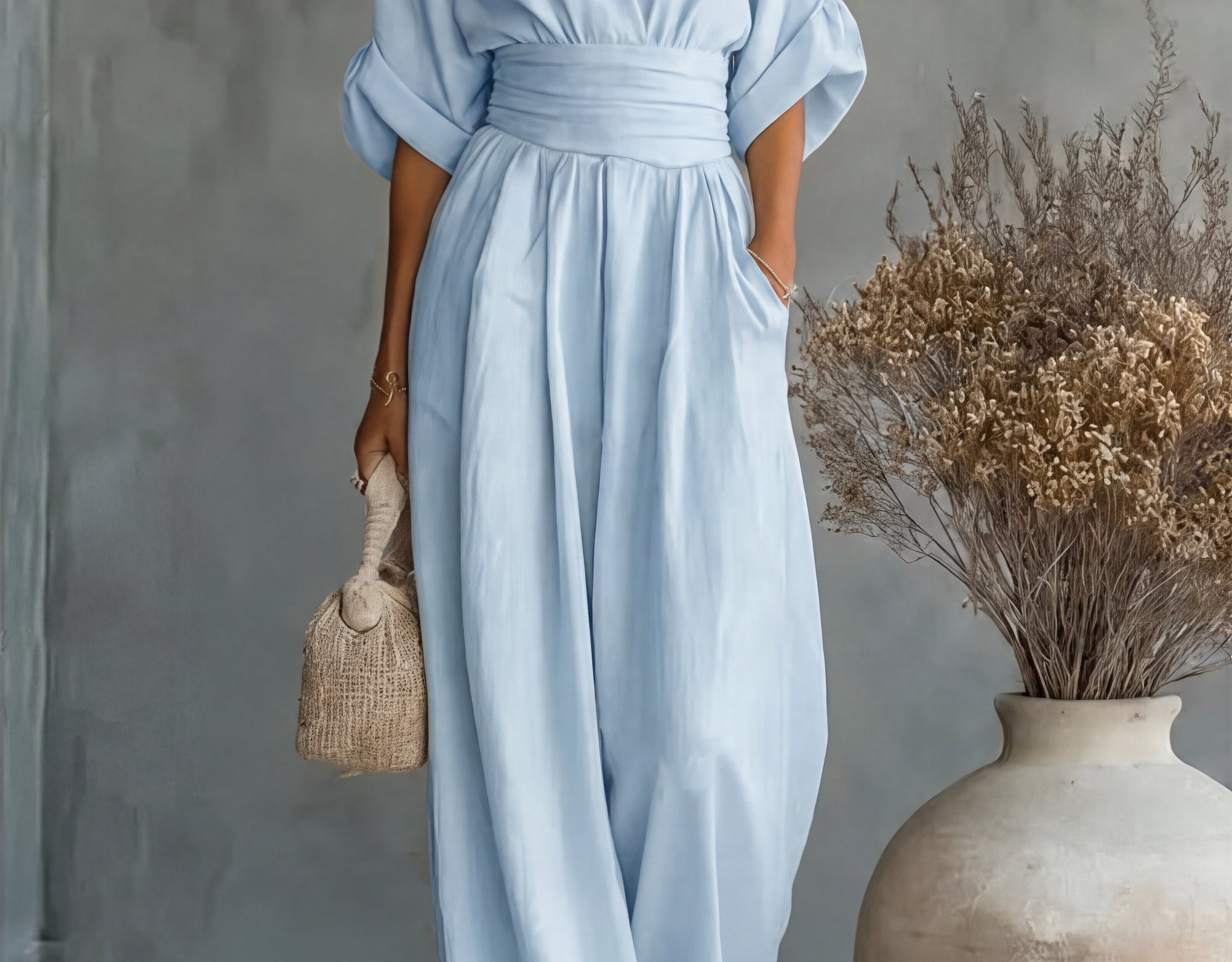 Saffron - Women's Wrap Neckline Wide-Leg Jumpsuit - Blue