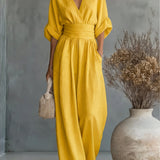 Saffron - Women's Wrap Neckline Wide-Leg Jumpsuit - Yellow