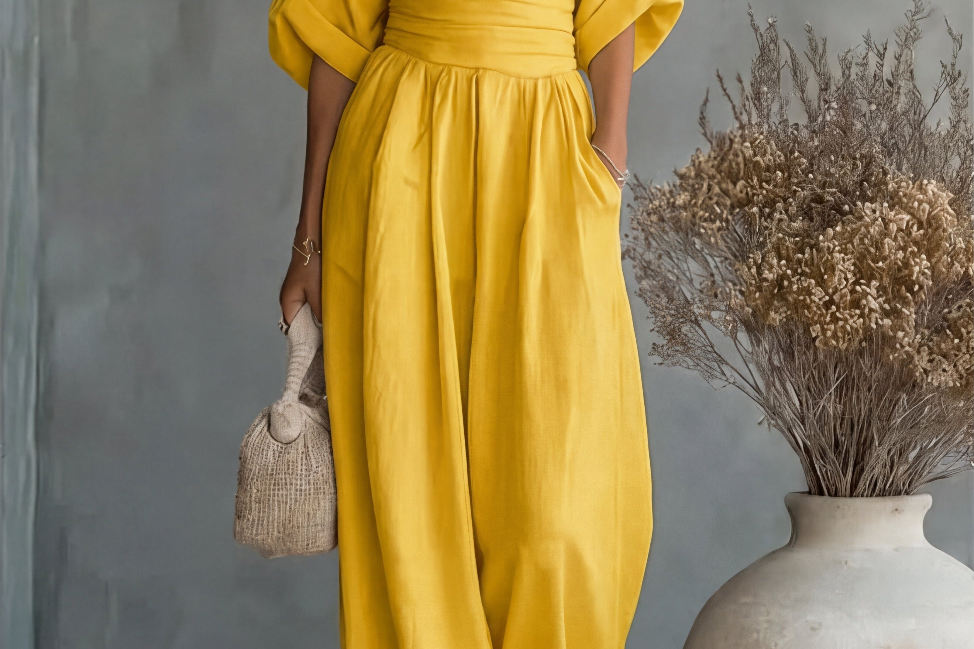 Saffron - Women's Wrap Neckline Wide-Leg Jumpsuit - Yellow